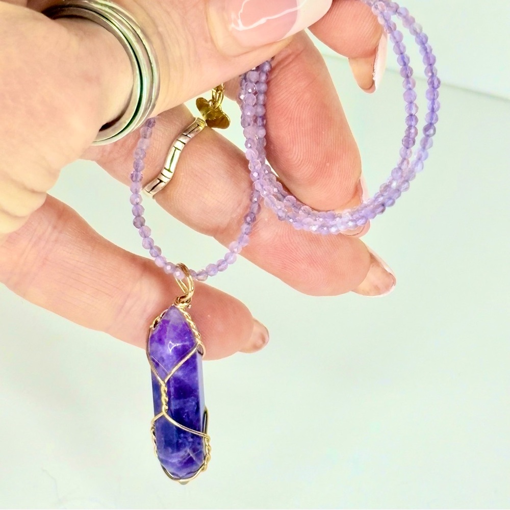 Gemstone Choker Necklace Amethyst Gold Tone Positive Energy Crystals